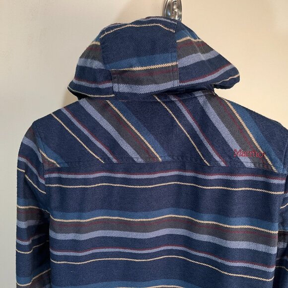 Marmot Men's blue, burgundy & gold striped Hooded Flannel shirt S jacket EUC - Picture 3 of 6